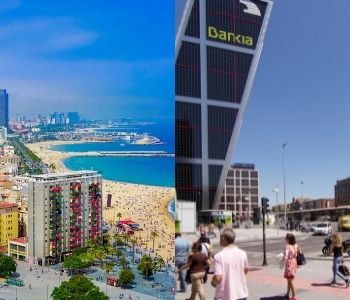 duas fotos representando as cidades de madrid e barcelona